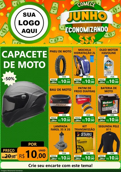 Modelo de Encarte para Encarte A4 Vertical com o tema Comece Junho Economizando para Moto peças