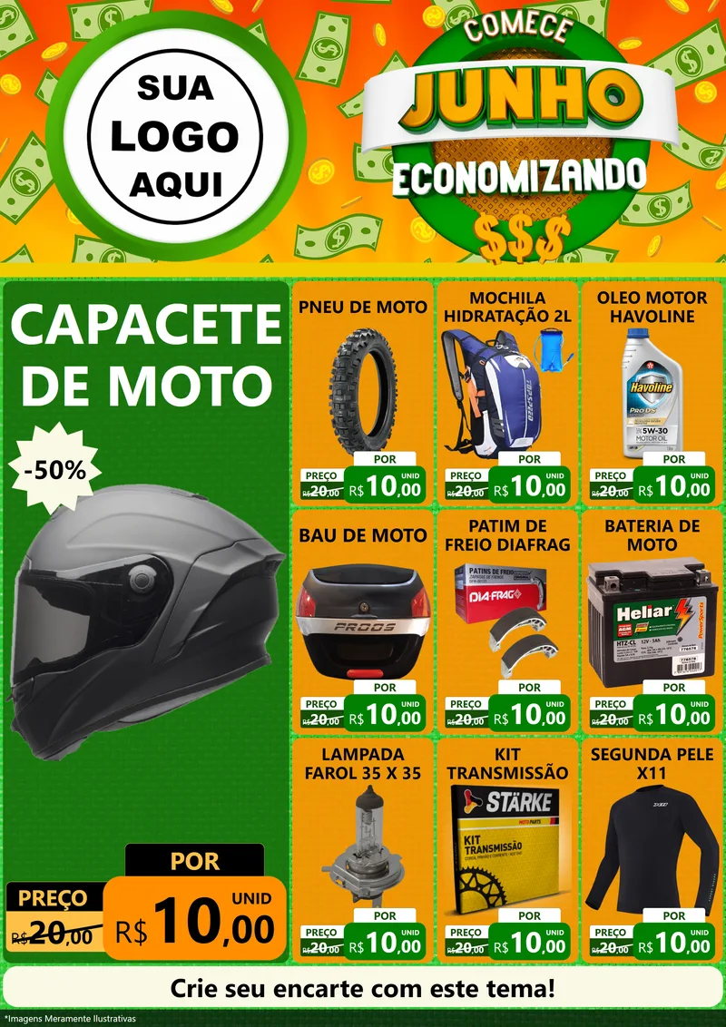 Modelo de Encarte para Encarte A4 Vertical com o tema Comece Junho Economizando para Moto peças