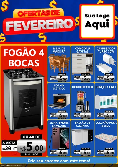 Modelo de Encarte para Encarte A4 Vertical com o tema Ofertas de Fevereiro para Móveis e Eletro