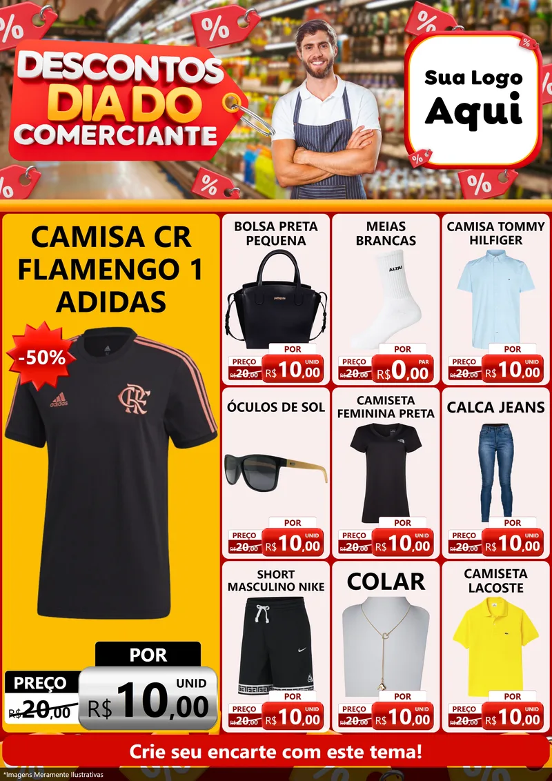 Modelo de Encarte para Encarte A4 Vertical com o tema Descontos Dia do Comerciante para Roupas e acessórios