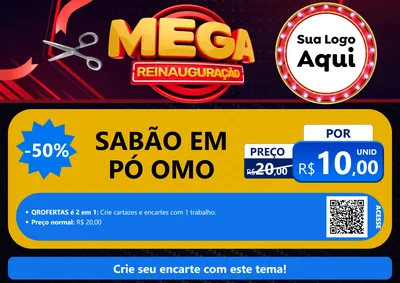 Modelo de Cartaz para Cartaz A4 Horizontal com o tema Mega Reinauguração para Produtos de Limpeza