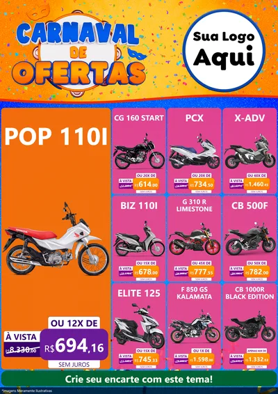 Modelo de Encarte para Encarte A4 Vertical com o tema Carnaval de Ofertas para Concessionaria de Motos