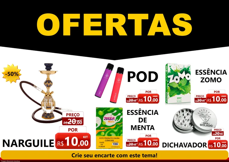 Modelo de Encarte para Encarte A4 Horizontal com o tema Ofertas Preto e Vermelho Cartaz para Tabacaria