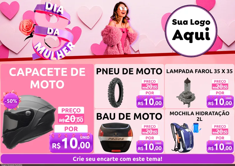 Modelo de Encarte para Encarte A4 Horizontal com o tema Dia da Mulher para Moto peças