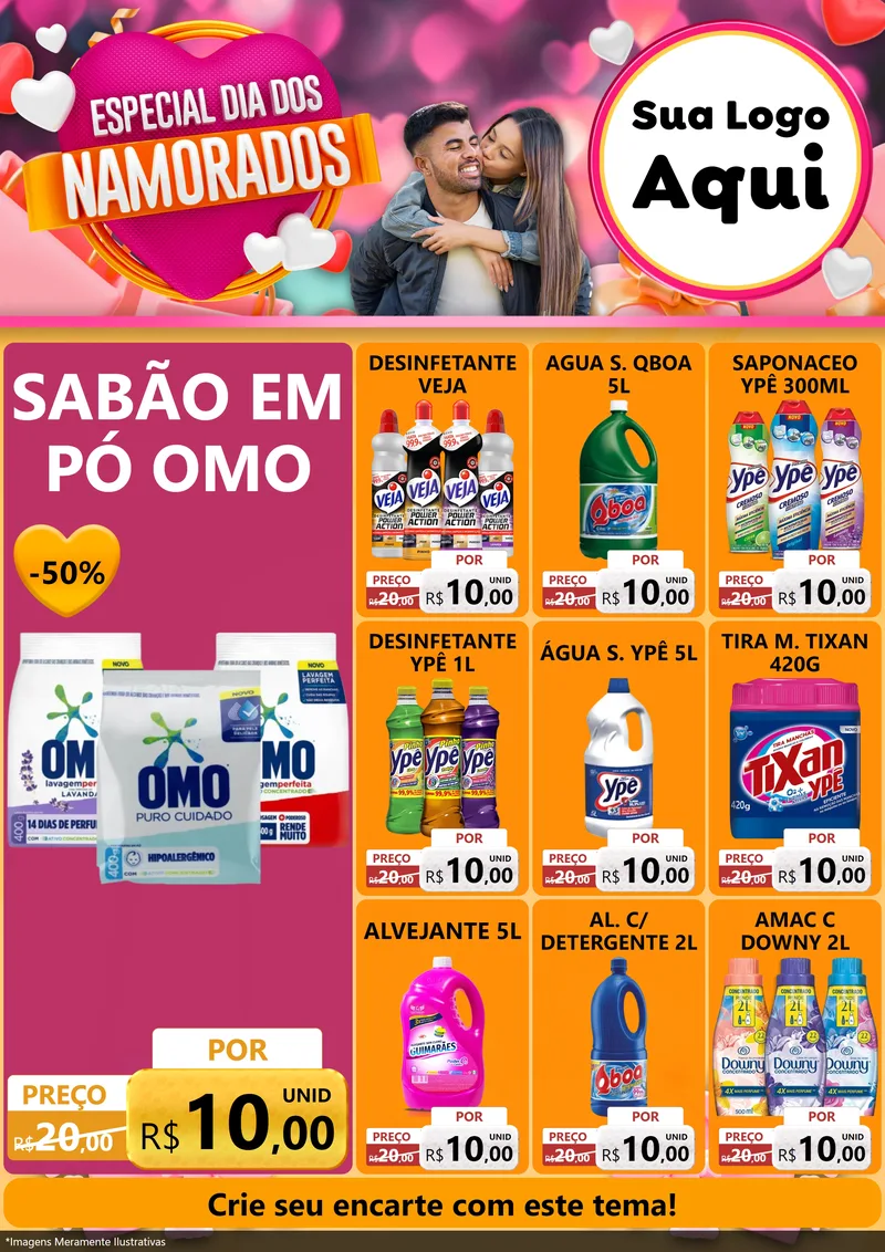 Modelo de Encarte para Encarte A4 Vertical com o tema Especial Dia dos Namorados para Produtos de Limpeza