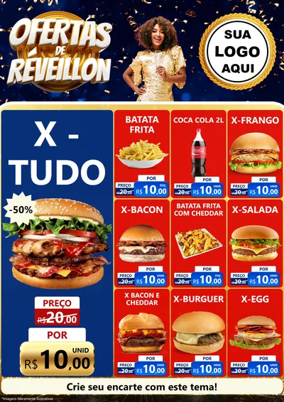 Modelo de Encarte para Encarte A4 Vertical com o tema Ofertas de Réveillon para Hamburgueria