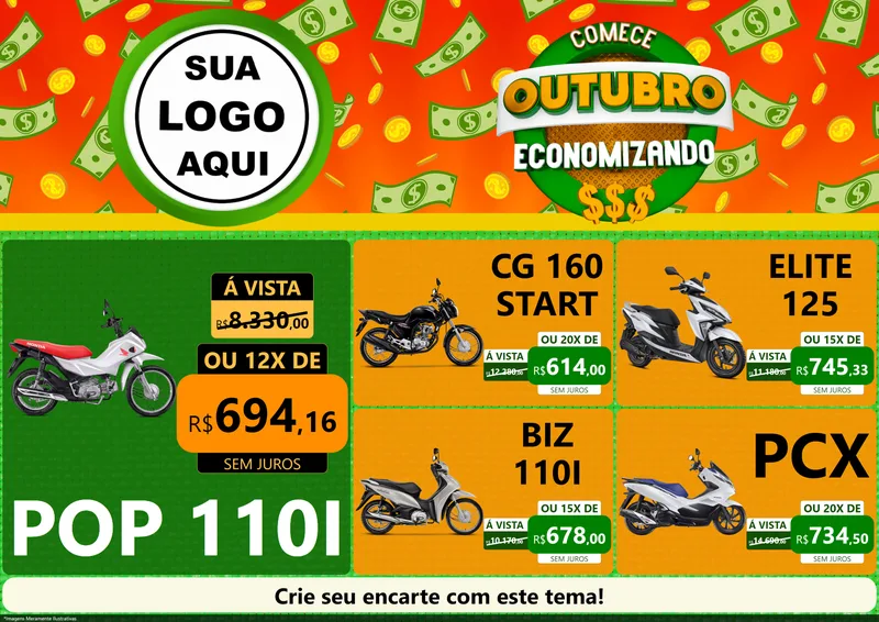 Modelo de Encarte para Encarte A4 Horizontal com o tema Comece Outubro Economizando para Concessionaria de Motos