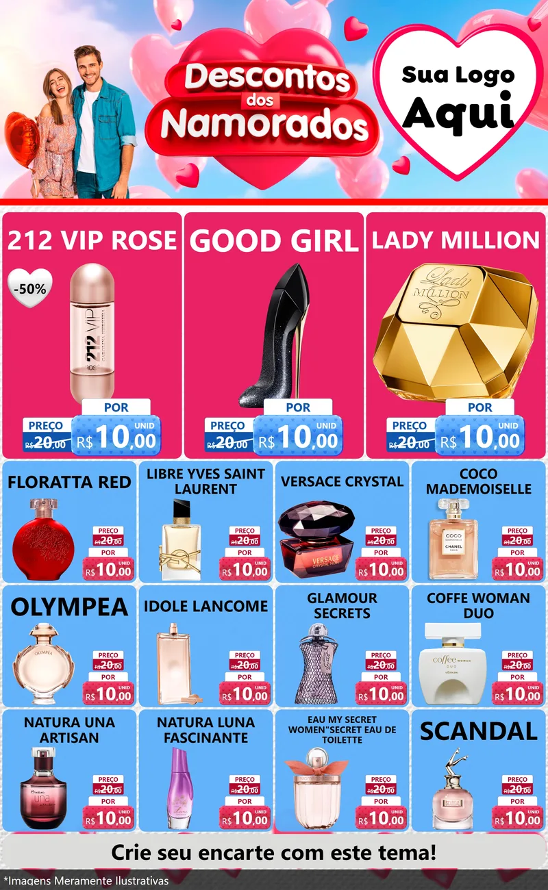 Modelo de Encarte para Encarte Grande com o tema Descontos dos Namorados para Perfumes