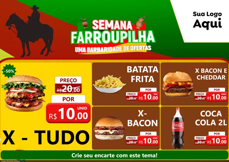 Modelo de Encarte para Encarte A4 Horizontal com o tema Semana Farroupilha - Uma Barbaridade de Ofertas para Hamburgueria