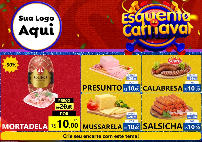 Modelo de Encarte para Encarte A4 Horizontal com o tema Esquenta de Carnaval para Frios e Laticínios