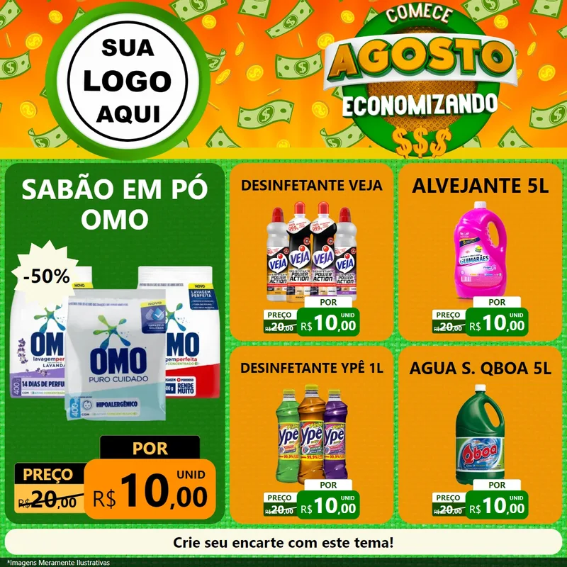 Modelo de Rede Social para Feed Facebook com o tema Comece Agosto Economizando para Produtos de Limpeza