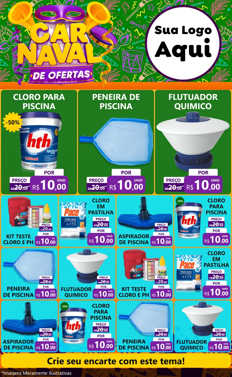 Modelo de Encarte para Encarte Grande com o tema Carnaval de Ofertas para Produtos para Piscina