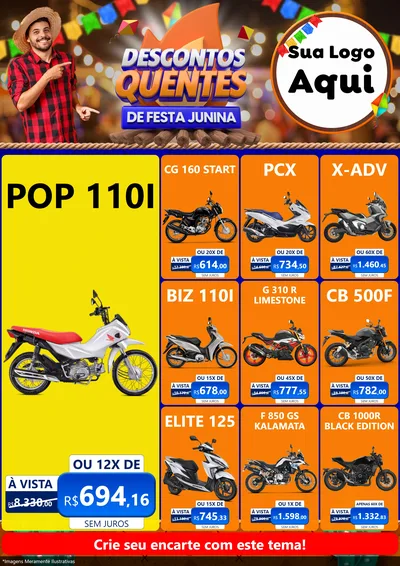 Modelo de Encarte para Encarte A4 Vertical com o tema Descontos Quentes de Festa Junina para Concessionaria de Motos