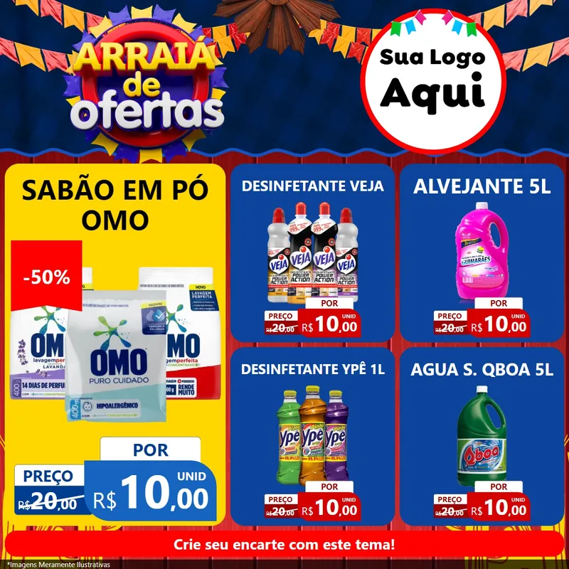 Modelo de Rede Social para Feed Facebook com o tema Arraiá de Ofertas para Produtos de Limpeza