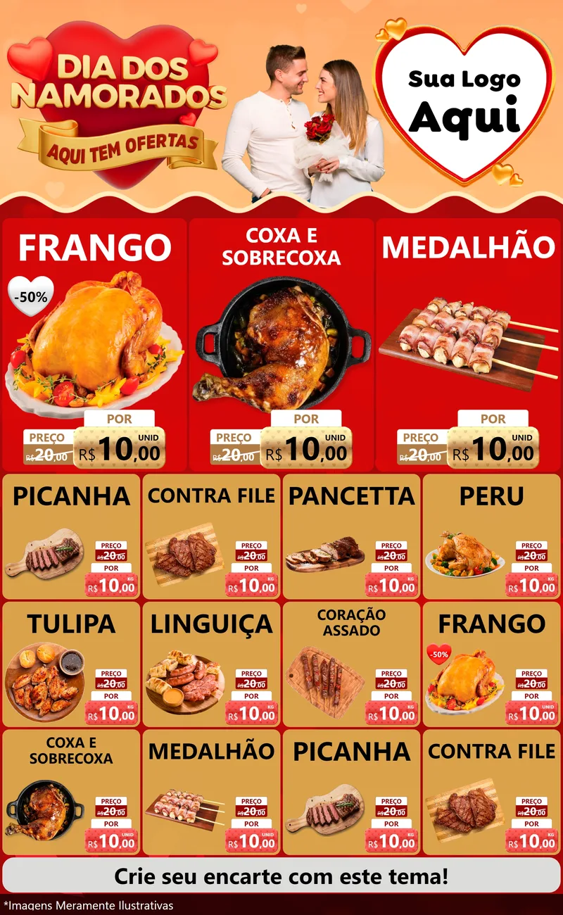 Modelo de Encarte para Encarte Grande com o tema Dia dos Namorados - Aqui Tem Ofertas para Assados