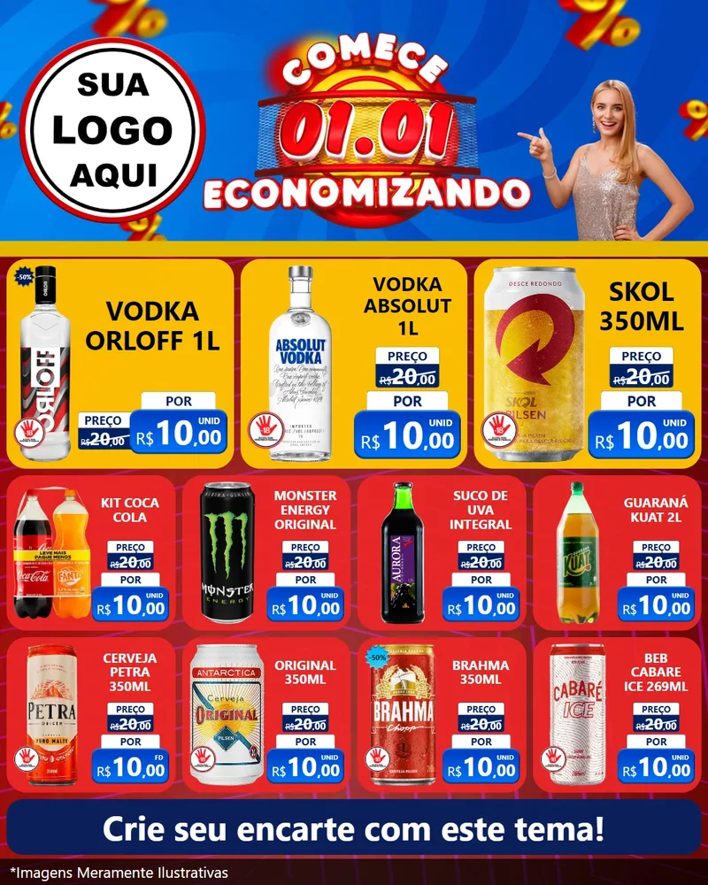 Modelo de Rede Social para Feed Instagram com o tema Comece 1º de Janeiro Economizando para Distribuidora de bebidas
