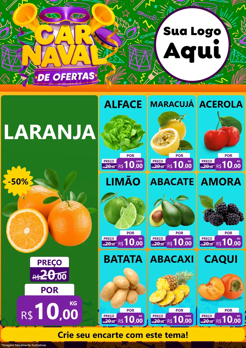 Modelo de Encarte para Encarte A4 Vertical com o tema Carnaval de Ofertas para Hortifrúti