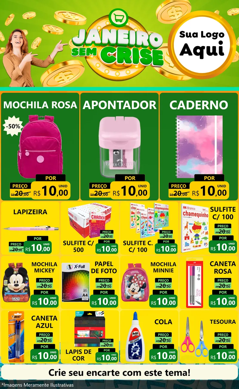 Modelo de Encarte para Encarte Grande com o tema Janeiro Sem Crise para Papelaria