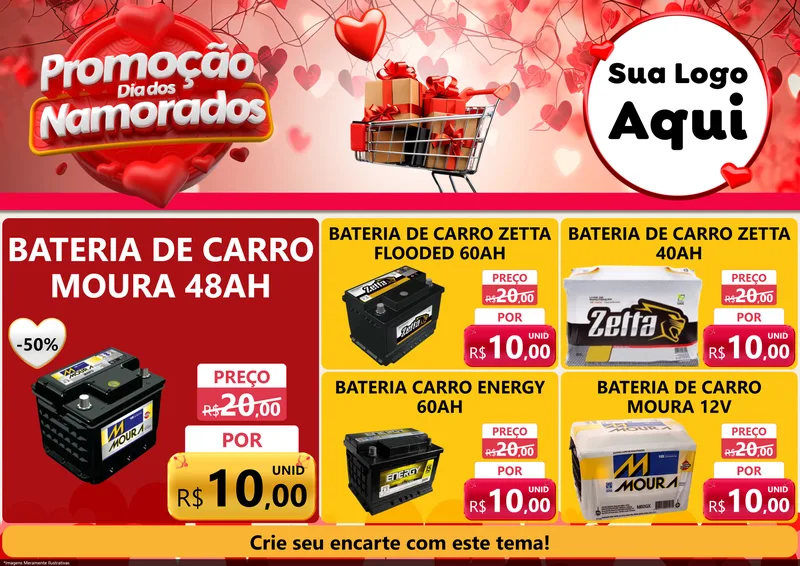 Modelo de Encarte para Encarte A4 Horizontal com o tema Promoção Dia dos Namorados para Baterias Elétricas
