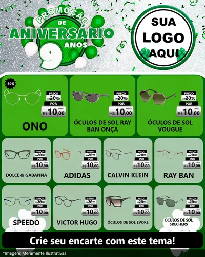 Modelo de Rede Social para Feed Instagram com o tema Promoção de Aniversário - 9 Anos para Óticas