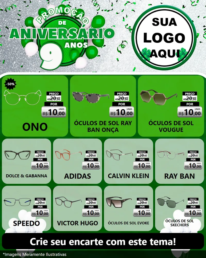 Modelo de Rede Social para Feed Instagram com o tema Promoção de Aniversário - 9 Anos para Óticas