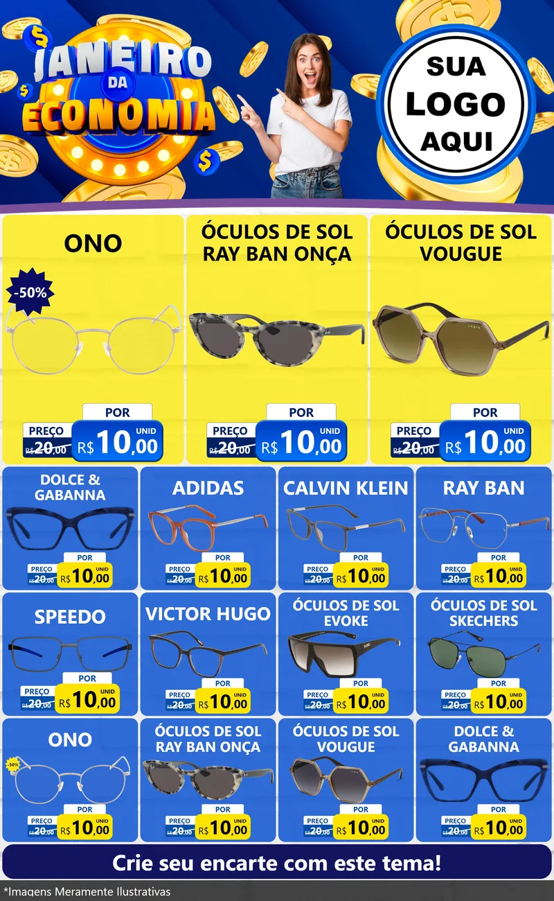 Modelo de Encarte para Encarte Grande com o tema Janeiro da Economia para Óticas