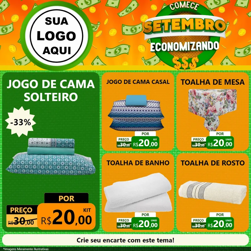 Modelo de Rede Social para Feed Facebook com o tema Comece Setembro Economizando para Cama, Mesa e Banho