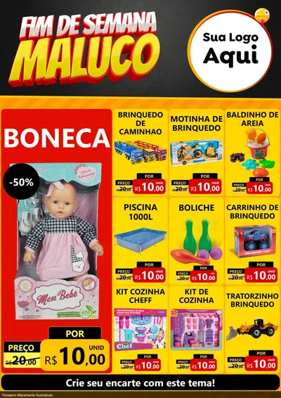 Modelo de Encarte para Encarte A4 Vertical com o tema Final de Semana Maluco para Brinquedos