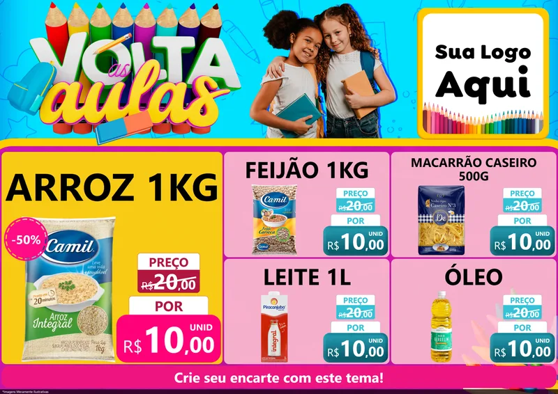 Modelo de Encarte para Encarte A4 Horizontal com o tema Volta às Aulas para Supermercado