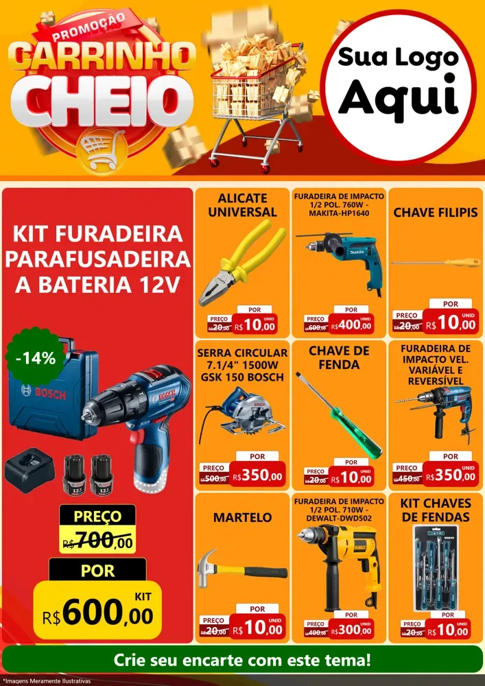 Modelo de Encarte para Encarte A4 Vertical com o tema Promoção carrinho cheio para Maquinas e Ferramentas