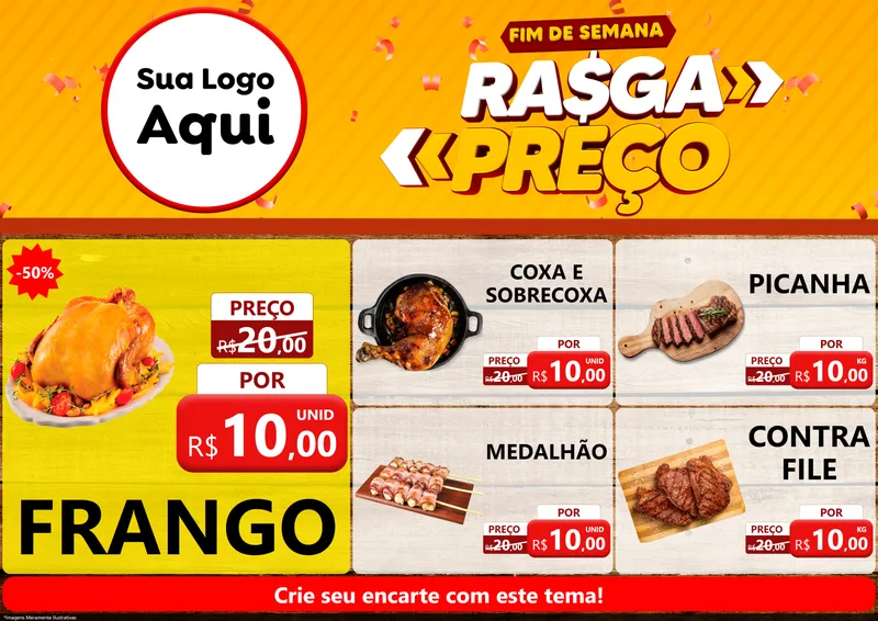 Modelo de Encarte para Encarte A4 Horizontal com o tema Fim de Semana Rasga Preços para Assados