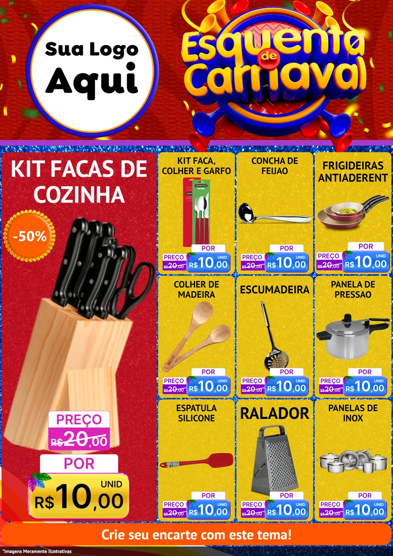 Modelo de Encarte para Encarte A4 Vertical com o tema Esquenta de Carnaval para Utilidades Domésticas