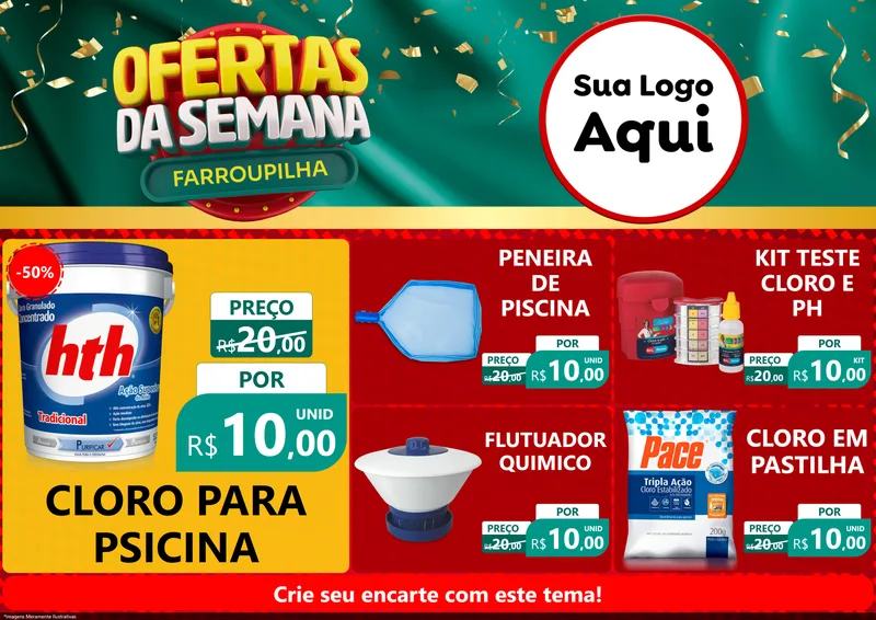 Modelo de Encarte para Encarte A4 Horizontal com o tema Ofertas da Semana Farroupilha para Produtos para Piscina