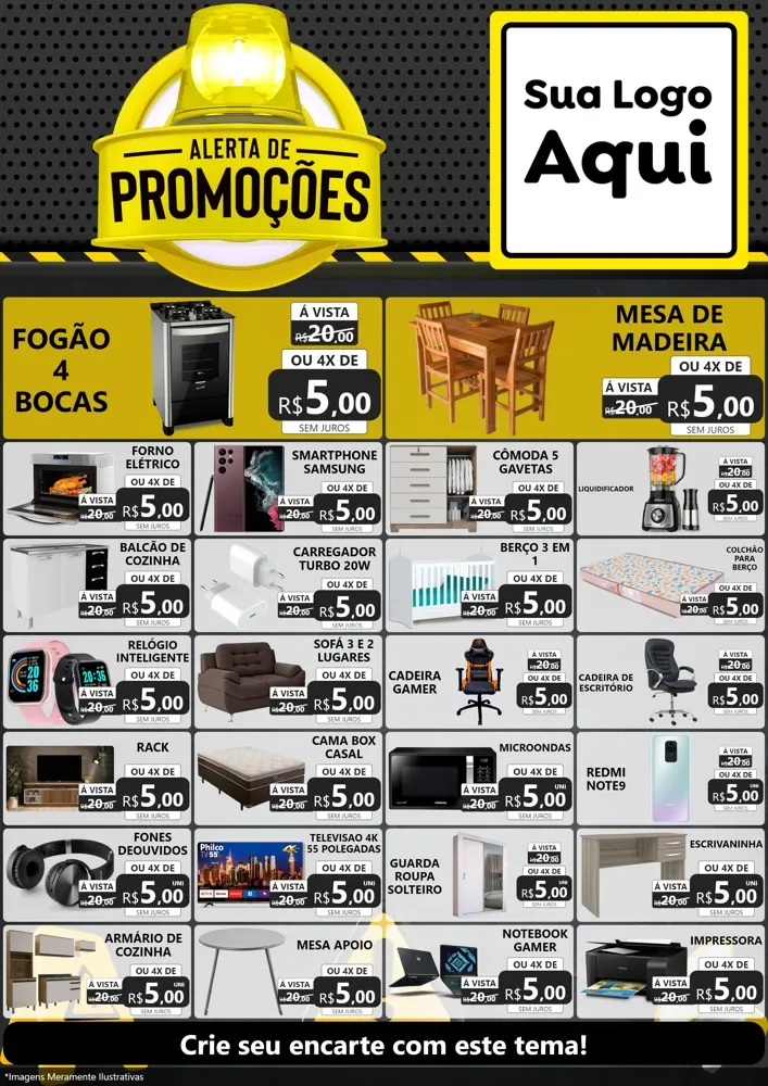 Modelo de Encarte para Encarte A4 Vertical com o tema Alerta de Promoções para Móveis e Eletro