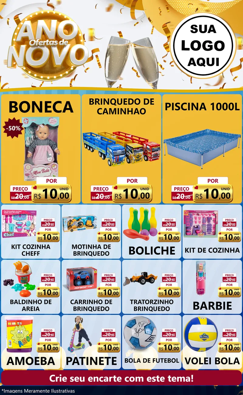 Modelo de Encarte para Encarte Grande com o tema Ofertas de Ano Novo para Brinquedos