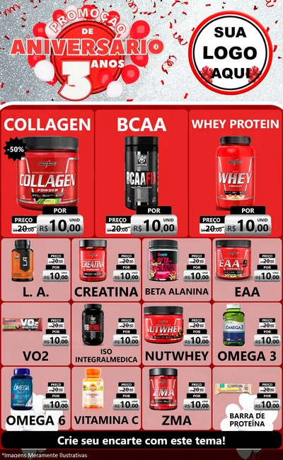 Modelo de Encarte para Encarte Grande com o tema Promoção de Aniversário - 3 Anos para Suplementos alimentares
