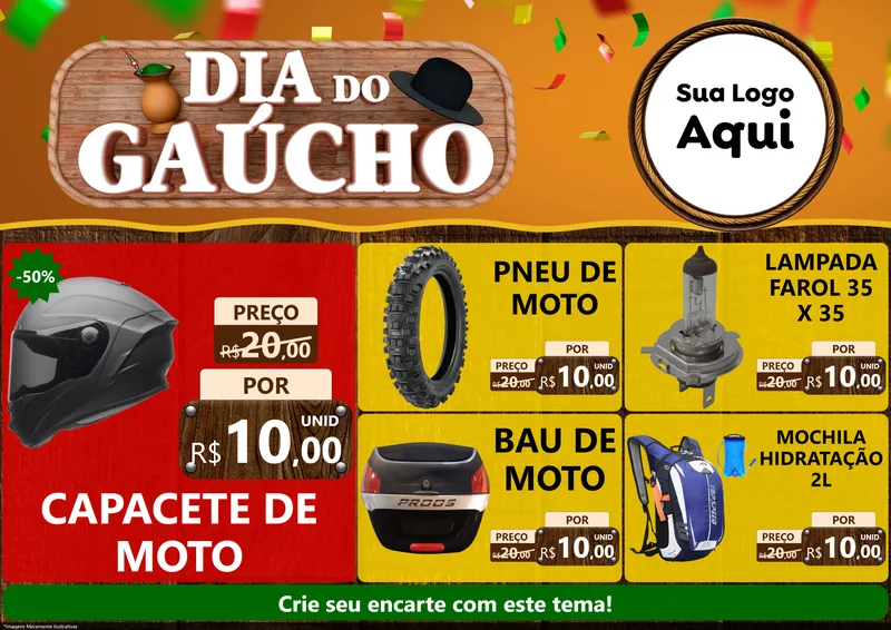 Modelo de Encarte para Encarte A4 Horizontal com o tema Dia do Gaúcho para Moto peças