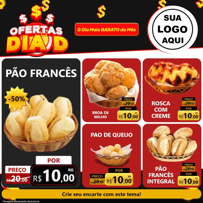 Modelo de Rede Social para Feed Facebook com o tema Ofertas Dia D para Padaria