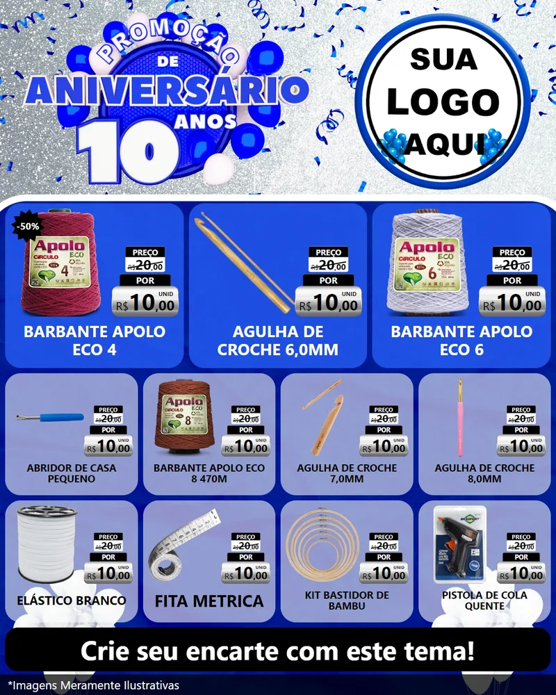 Modelo de Rede Social para Feed Instagram com o tema Promoção de Aniversário - 10 Anos para Armarinho e Aviamentos