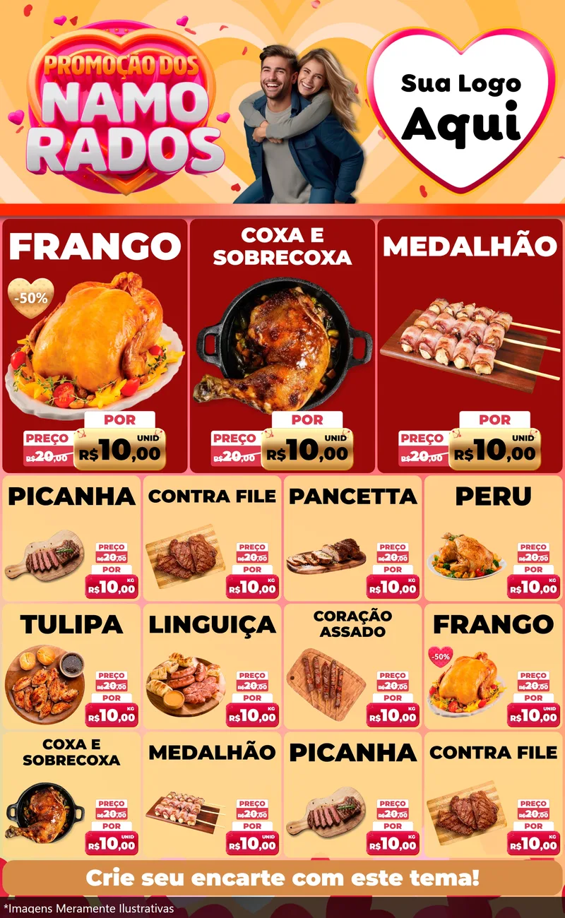 Modelo de Encarte para Encarte Grande com o tema Promoção dos Namorados para Assados