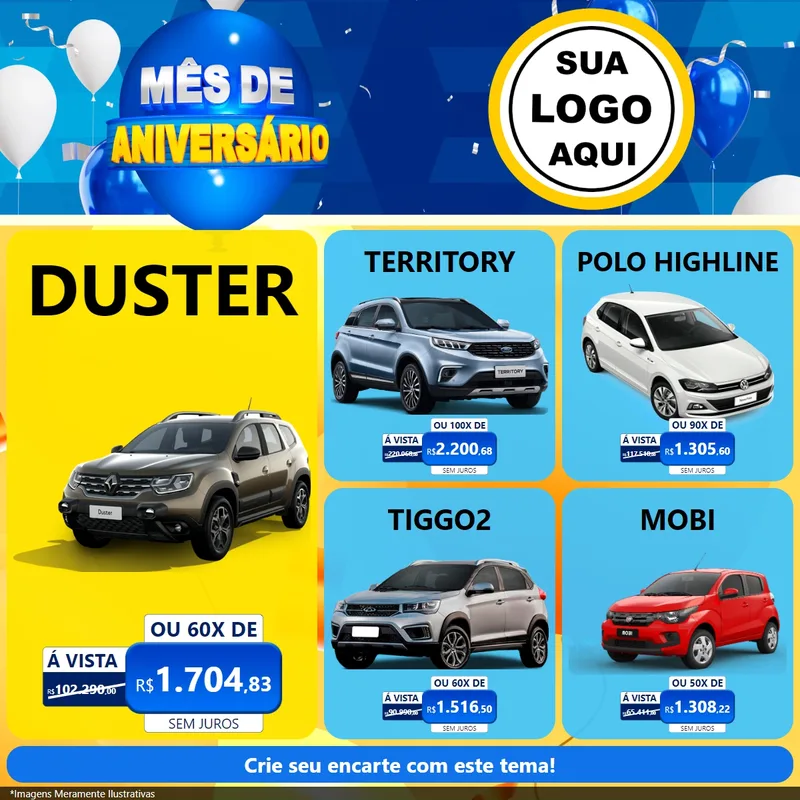 Modelo de Rede Social para Feed Facebook com o tema Mês de Aniversário para Concessionaria de Carros