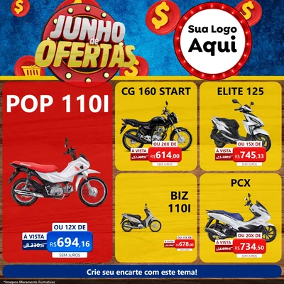 Modelo de Rede Social para Feed Facebook com o tema Junho de Ofertas para Concessionaria de Motos