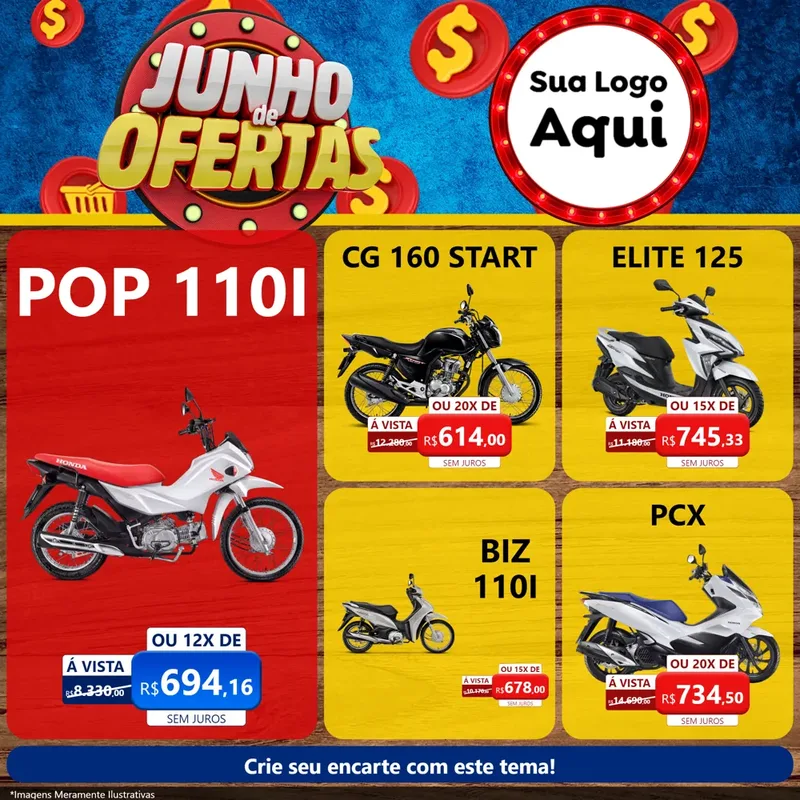 Modelo de Rede Social para Feed Facebook com o tema Junho de Ofertas para Concessionaria de Motos