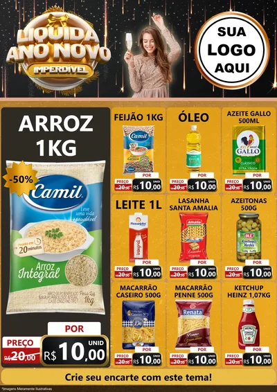 Modelo de Encarte para Encarte A4 Vertical com o tema Liquida Ano Novo Imperdível para Supermercado