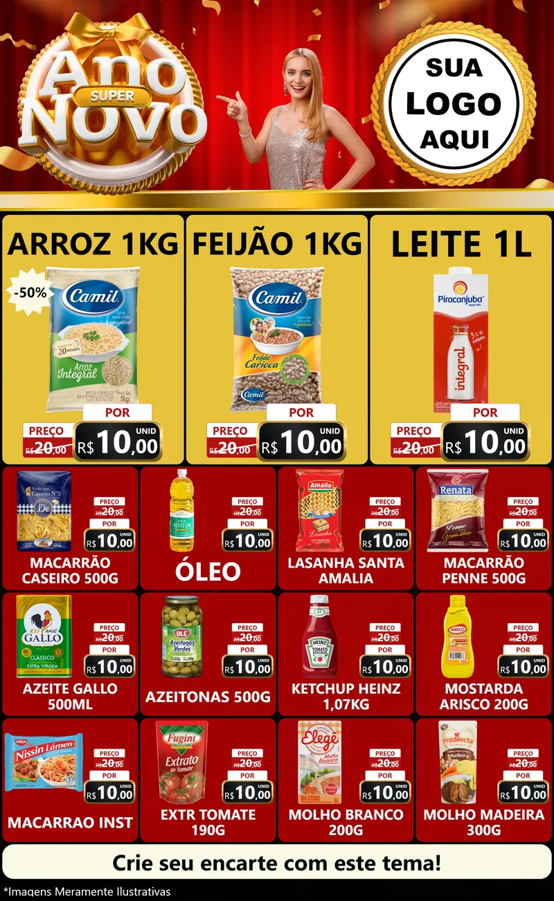 Modelo de Encarte para Encarte Grande com o tema Super Ano Novo para Supermercado