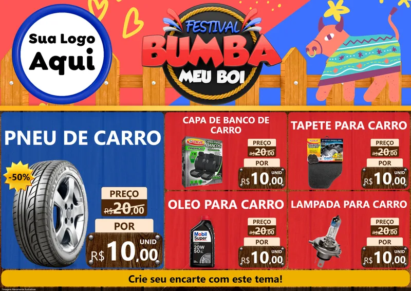 Modelo de Encarte para Encarte A4 Horizontal com o tema Festival Bumba Meu Boi para Auto peças