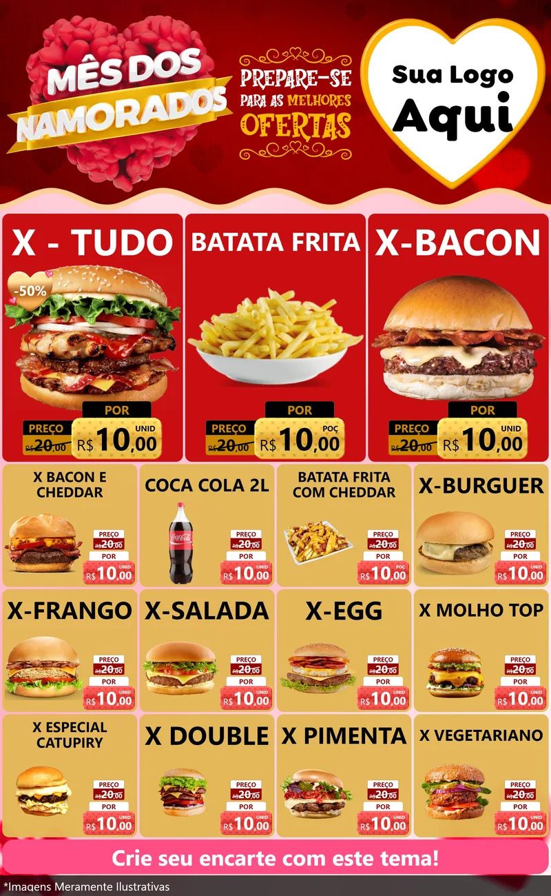 Modelo de Encarte para Encarte Grande com o tema Mês dos Namorados para Hamburgueria