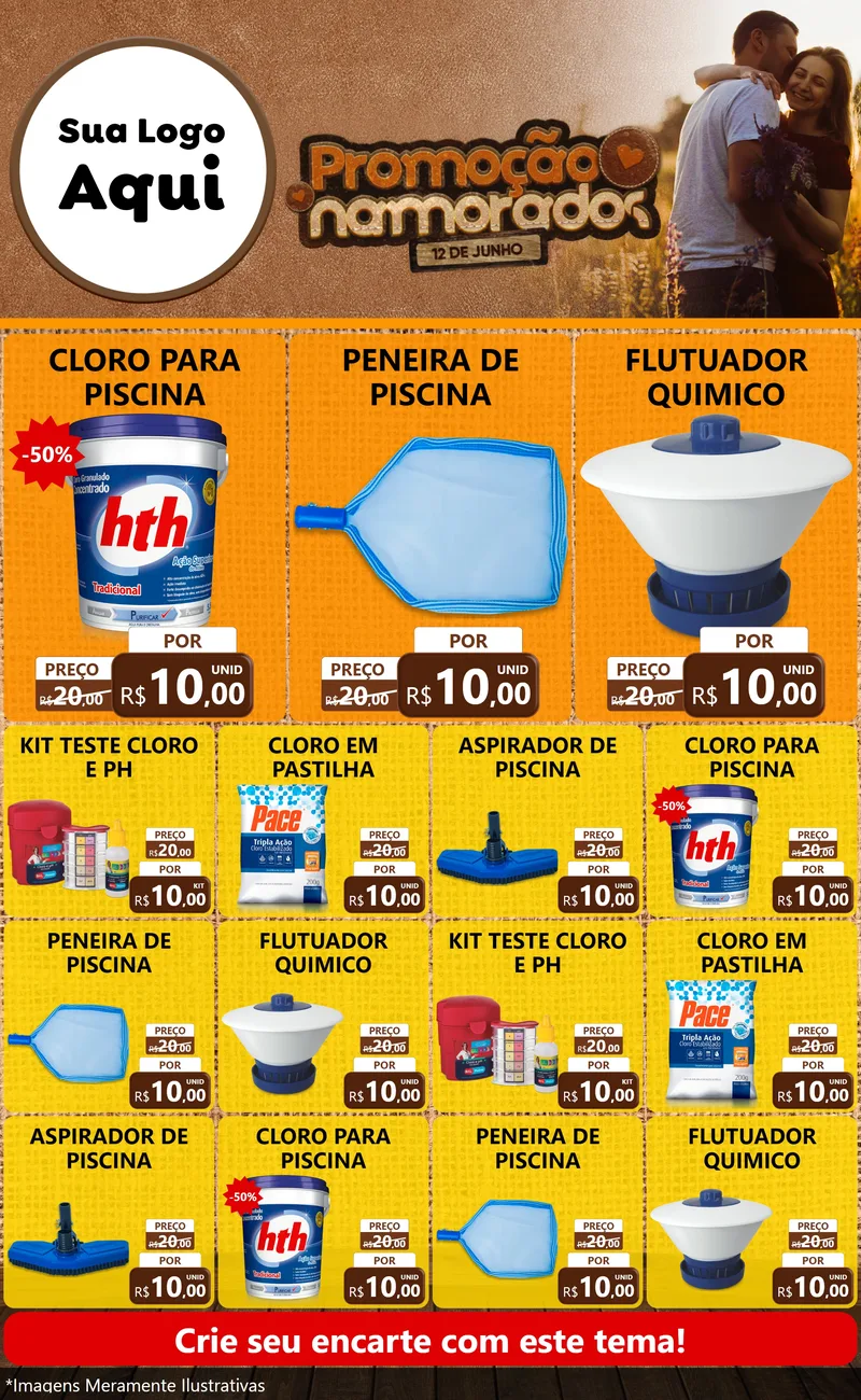 Modelo de Encarte para Encarte Grande com o tema Promoção Namorados para Produtos para Piscina