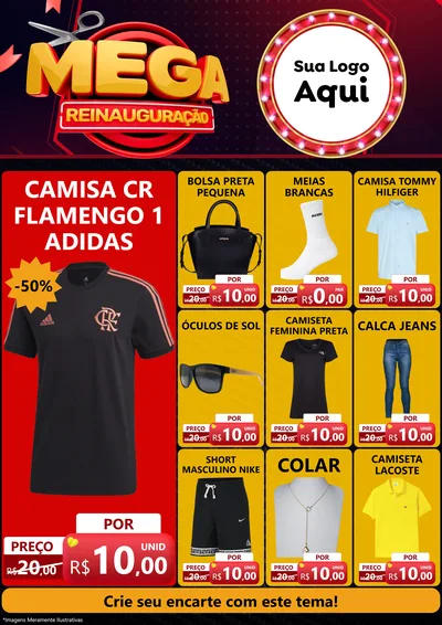 Modelo de Encarte para Encarte A4 Vertical com o tema Mega Reinauguração para Roupas e acessórios