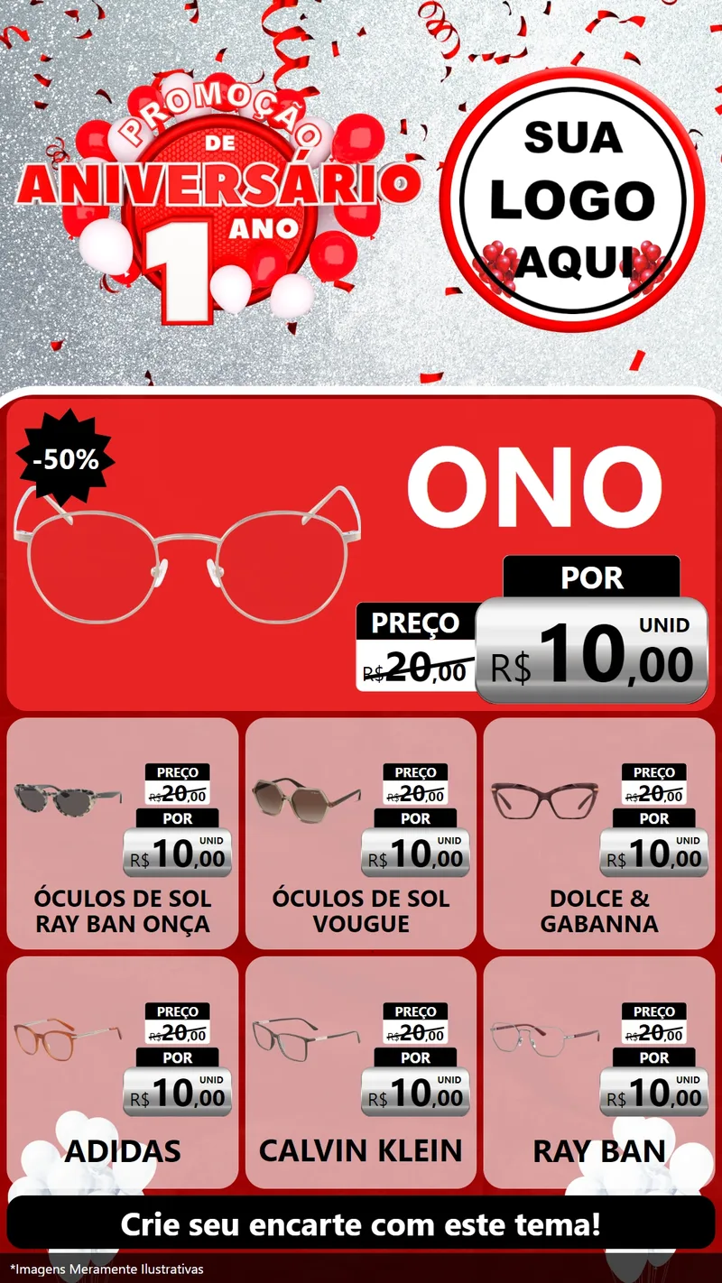 Modelo de Rede Social para Stories com o tema Promoção de Aniversário - 1 Ano para Óticas